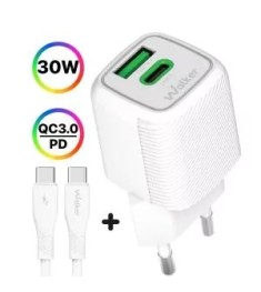 СЗУ-адаптер Walker WH-71 30W GAN (1USB/1Type-C) + кабель Type-C - Type-C (Белый)..